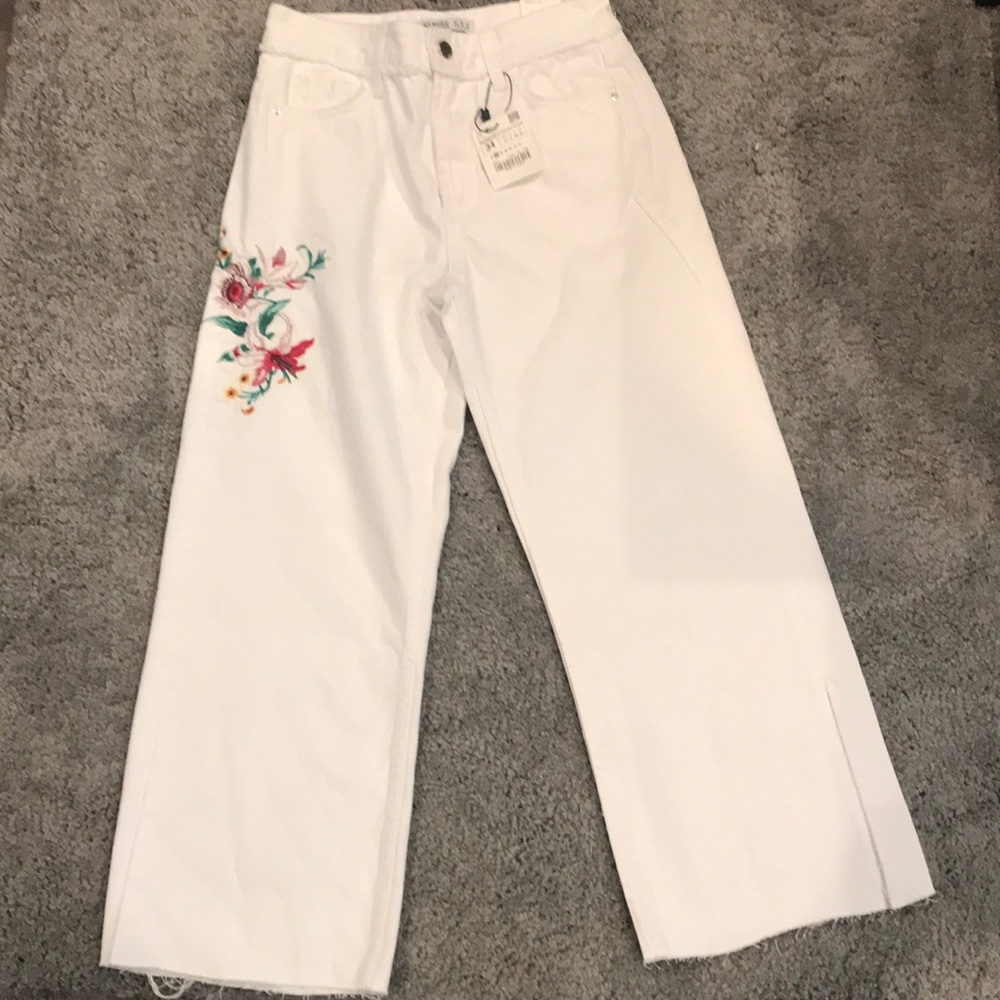 Zara embroidered Wide Leg White Denim Crop 34 - Picture 5 of 8